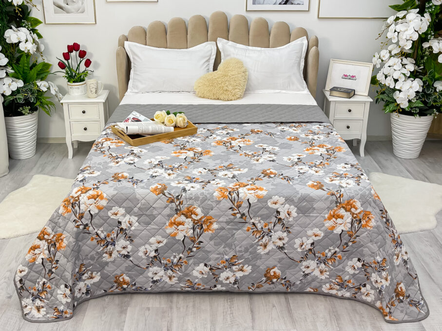 (OFERTA 3 la 199 Lei) Cuvertura matlasata cu doua fete pentru pat dublu , 210x210, Gri, flori