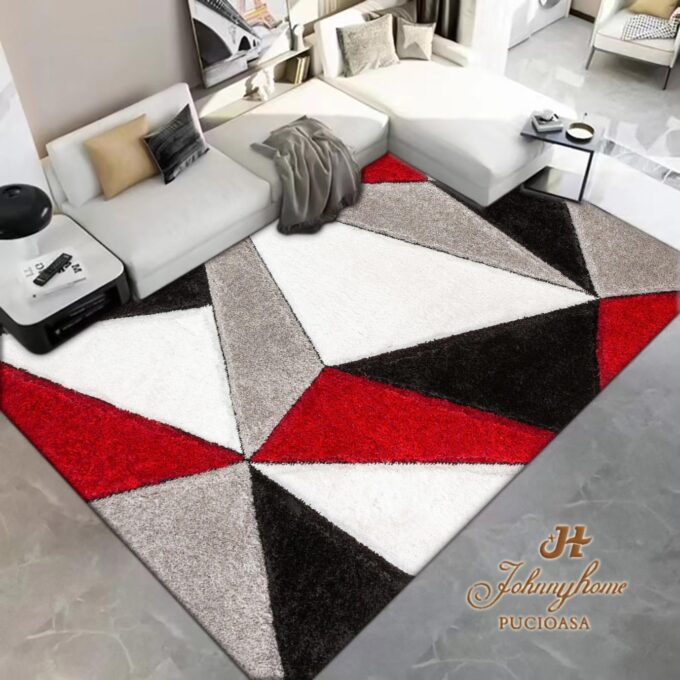 Covor 100x200cm pentru Dormitor si Living, Gri - Rosu - Alb - Negru