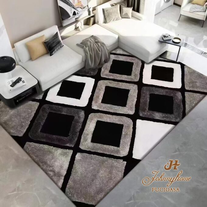Covor 100x200cm pentru Dormitor si Living, Negru - Alb