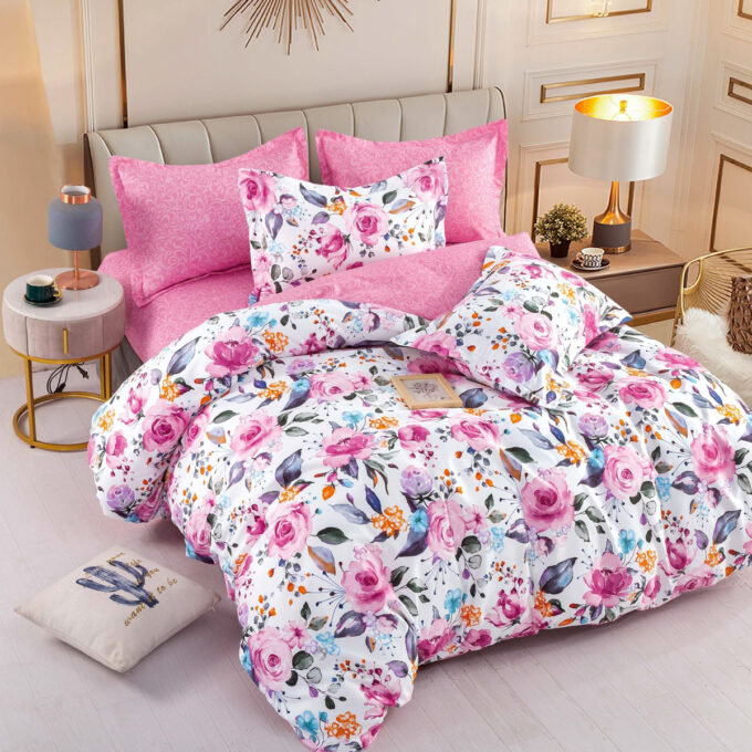 Lenjerie pat dublu, FINET, 6 piese, cu ELASTIC, Jojo Home, Alb-Roz, flori 1 Lenjerie pat dublu, FINET, 6 piese, cu ELASTIC, Jojo Home, Alb-Roz, flori
