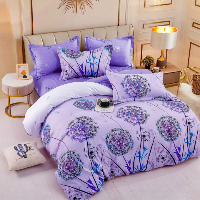 Lenjerie pat dublu, FINET, 6 piese, cu ELASTIC, Jojo Home, Lila, papadii 1 Lenjerie pat dublu, FINET, 6 piese, cu ELASTIC, Jojo Home, Lila, papadii