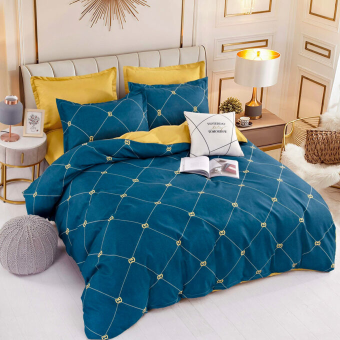 Lenjerie pat dublu, FINET, 6 piese, cu ELASTIC, Jojo Home, Bleumarin-Mustar, dungi 1 Lenjerie pat dublu, FINET, 6 piese, cu ELASTIC, Jojo Home, Bleumarin-Mustar, dungi
