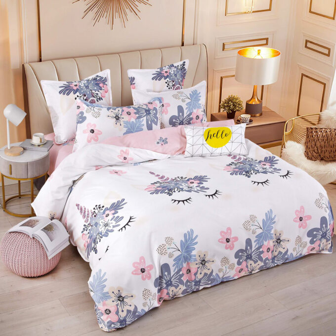 Lenjerie pat dublu, FINET, 6 piese, Jojo Home, Alb-Multicolor, unicorn, flori 1 Lenjerie pat dublu, FINET, 6 piese, Jojo Home, Alb-Multicolor, unicorn, flori