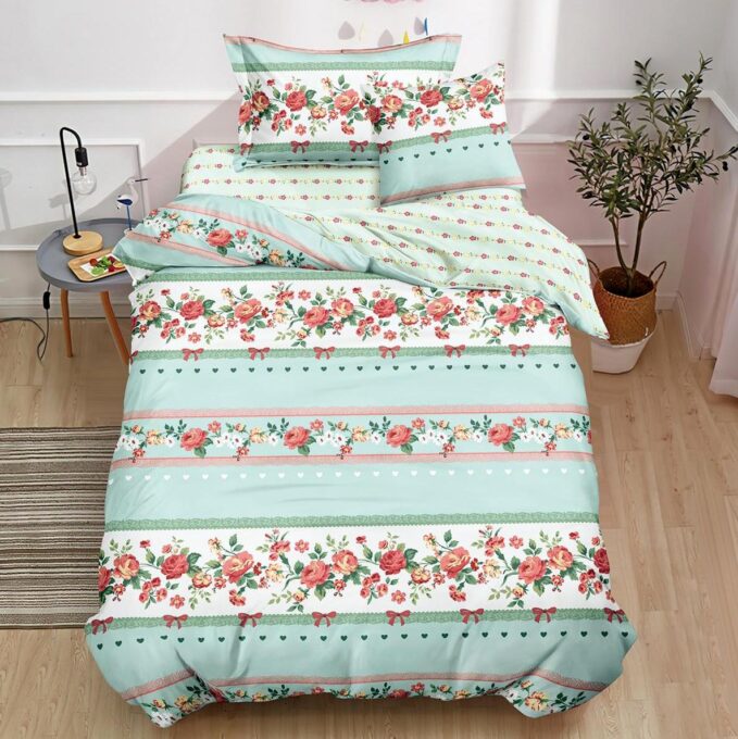 (OFERTA TRIO) Lenjerie pat 1 PERSOANA, FINET, 4 piese, cu ELASTIC, Vernil, trandafiri, fundite, inimioare