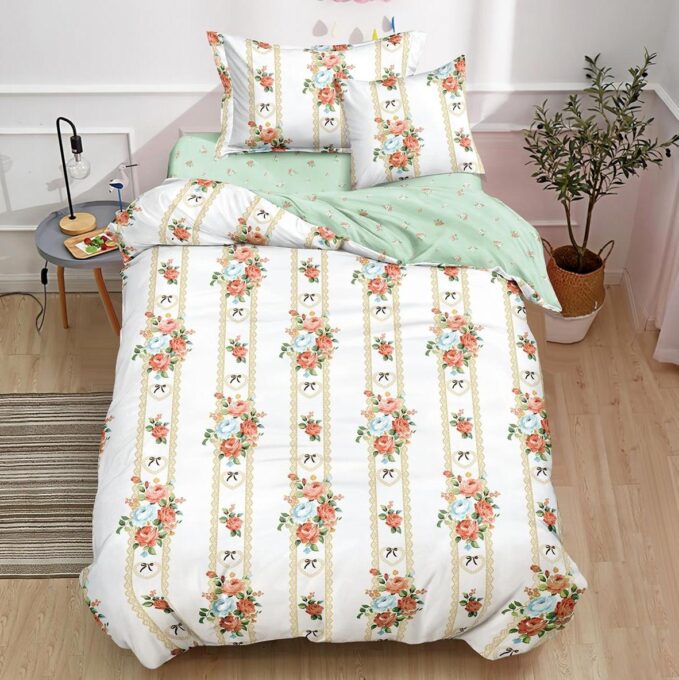 (OFERTA TRIO) Lenjerie pat 1 PERSOANA,  FINET, 4 piese, cu ELASTIC, Bej, trandafiri, fundite