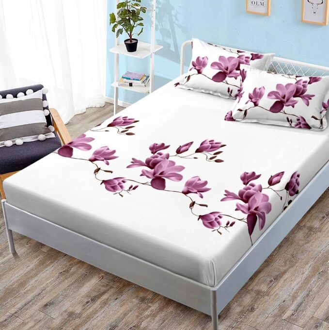 (OFERTA 3 la 159 Lei) Cearsaf cu elastic, FINET, 180x200cm, 2 fete de perne 50x70cm, Roz, magnolii