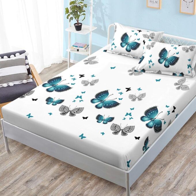 (OFERTA 3 la 159 Lei) Cearsaf cu elastic, FINET, 180x200cm, 2 fete de perne 50x70cm, Turquoise, fluturi