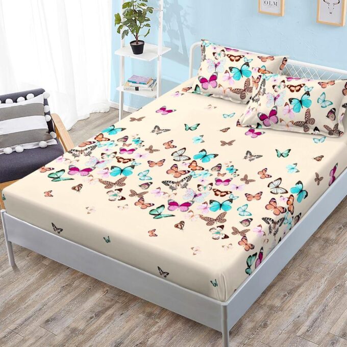 (OFERTA 3 la 159 Lei) Cearsaf cu elastic, FINET, 180x200cm, 2 fete de perne 50x70cm, Bej, fluturi