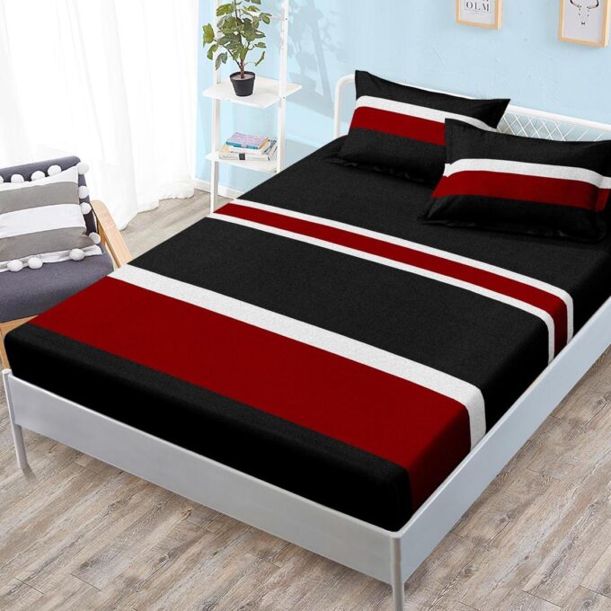 (OFERTA 3 la 159 Lei) Cearsaf cu elastic, FINET, 180x200cm, 2 fete de perne 50x70cm, Negru, dungi