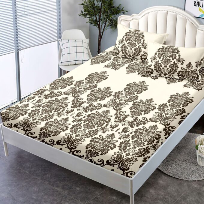 (OFERTA 3 la 159 Lei) Cearsaf cu elastic, FINET, 180x200cm, 2 fete de perne 50x70cm, Bej, model oriental
