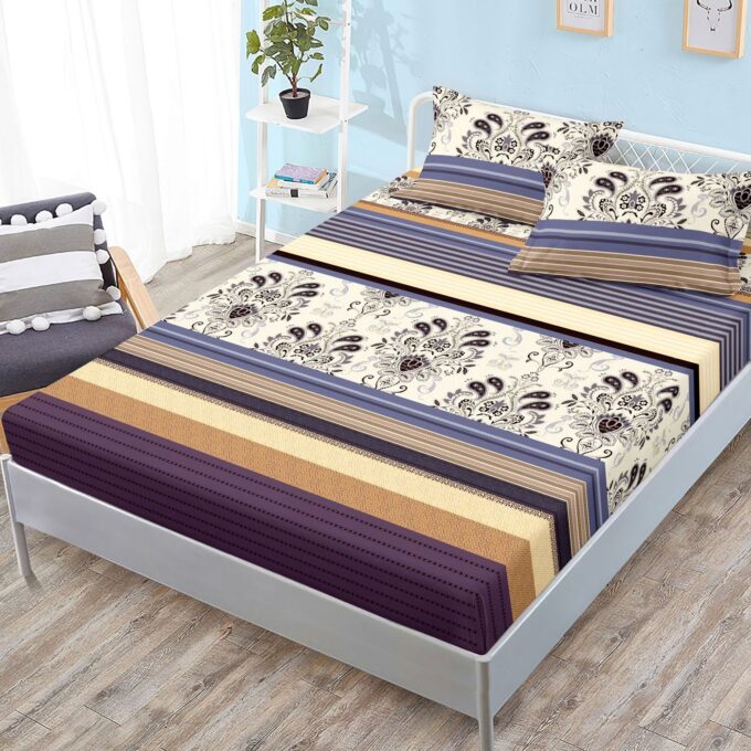 (OFERTA 3 la 159 Lei) Cearsaf cu elastic, FINET, 180x200cm, 2 fete de perne 50x70cm, Mov, dungi, model oriental