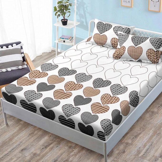 (OFERTA 3 la 159 Lei) Cearsaf cu elastic, FINET, 180x200cm, 2 fete de perne 50x70cm, Gri, inimioare