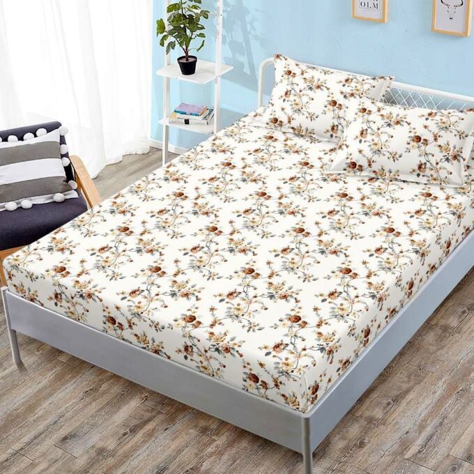 Cearsaf cu elastic, FINET, 180x200cm, 2 fete de perne 50x70cm, Bej, flori 1 Cearsaf cu elastic, FINET, 180x200cm, 2 fete de perne 50x70cm, Bej, flori