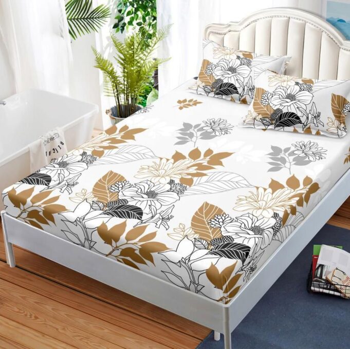 Cearsaf cu elastic, FINET, 180x200cm, 2 fete de perne 50x70cm, Maro, frunze 1 Cearsaf cu elastic, FINET, 180x200cm, 2 fete de perne 50x70cm, Maro, frunze