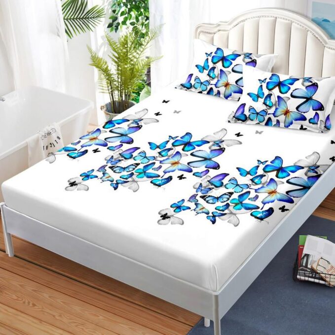 (OFERTA 3 la 159 Lei) Cearsaf cu elastic, FINET, 180x200cm, 2 fete de perne 50x70cm, Albastru, fluturi