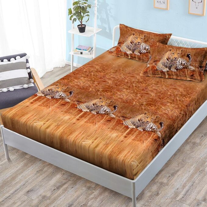 (OFERTA 3 la 159 Lei) Cearsaf cu elastic, FINET, 180x200cm, 2 fete de perne 50x70cm, Maro, leoparzi
