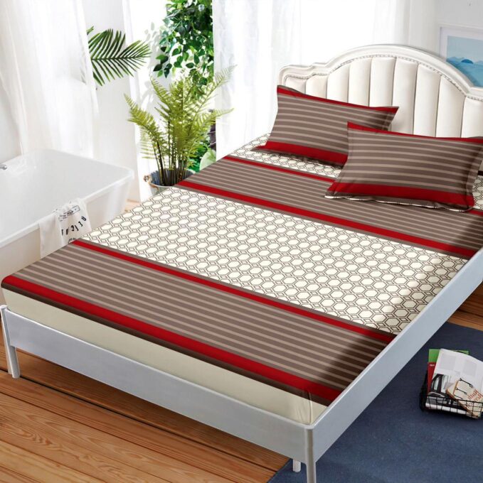 (OFERTA 3 la 159 Lei) Cearsaf cu elastic, FINET, 180x200cm, 2 fete de perne 50x70cm, Maro, dungi, forme geometrice