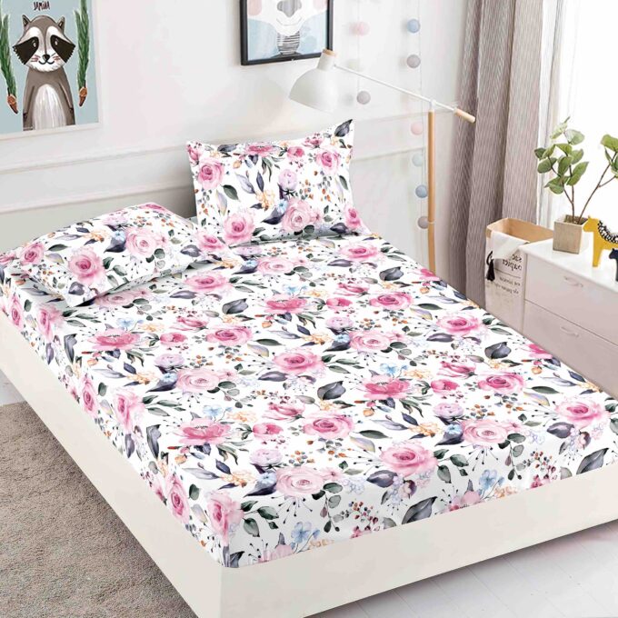 Cearsaf cu elastic, Bumbac FINET, 160/180x200cm, 2 fete de perne 50x70cm, Jojo Home, Alb, flori