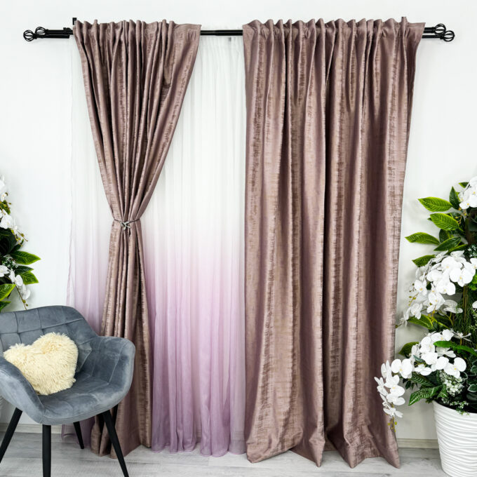 Set 2 Draperii Catifea cu model Venti, Lila, 140cm latime x 260cm inaltime, cu tiv lat pt bara