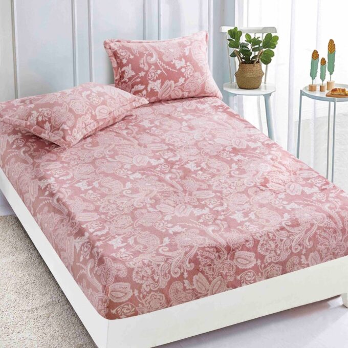 Cearsaf CoCoLiNo, JoJo Home, cu Elastic, 180x200x25cm, 2 fete de perne, 50x70cm, Roz, model floral