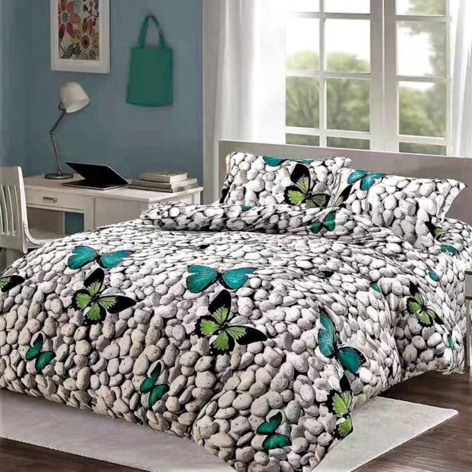 Lenjerie pat dublu, Super Pufoasa COCOLINO,cu ELASTIC, 4 piese, Gri-Multicolor, fluturi