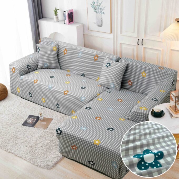 Set husa pentru coltar M + L, Elastica, Jojo Home, Gri, flori