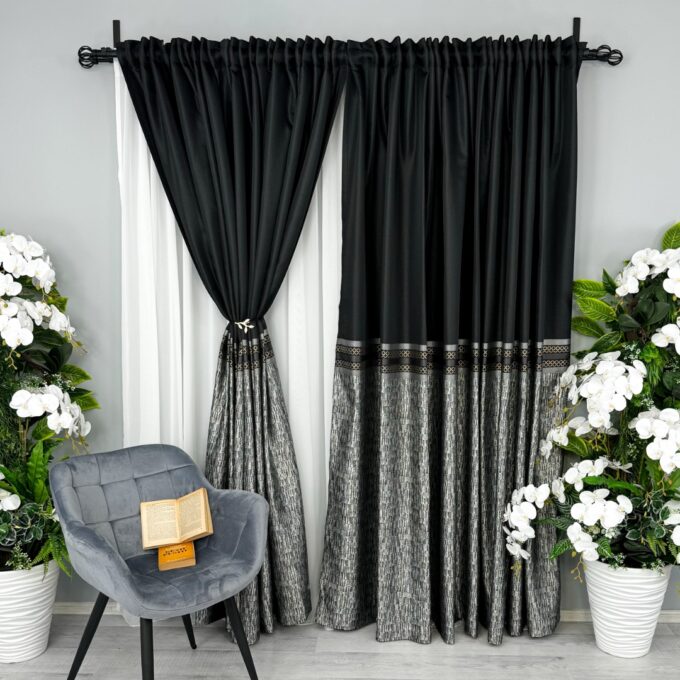 Set 2 Draperii Simplicity, Satinata, Texturata, Negru cu Gri, 140cm latime x 260cm inaltime, cu tiv lat pt bara