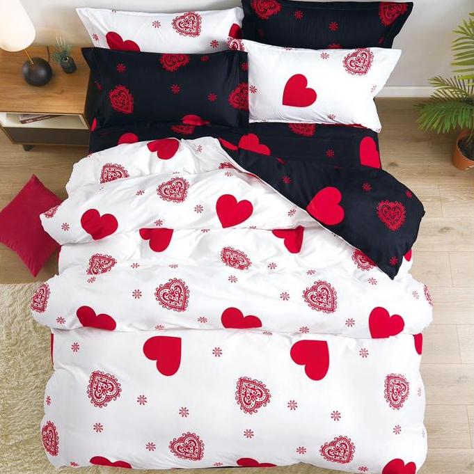 (OFERTA 3 la 199 Lei) Lenjerie pat dublu cu doua feţe, 4 piese, Finet Soft, Alb-Rosu, inimioare