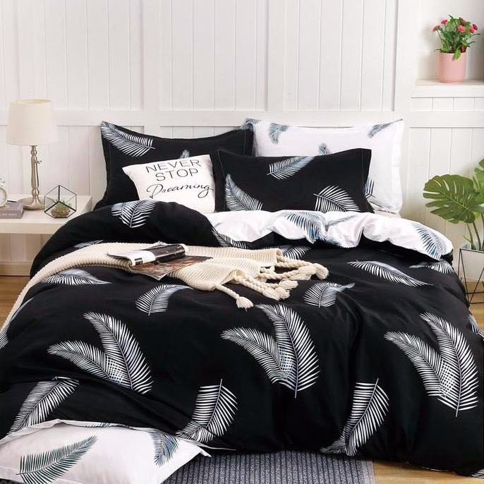 (OFERTA 3 la 199 Lei) Lenjerie pat dublu cu doua feţe, 4 piese, Finet Soft, Negru, frunze