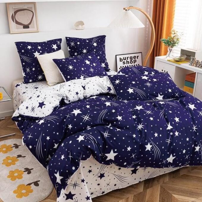 (OFERTA 3 la 199 Lei) Lenjerie pat dublu cu doua feţe, 4 piese, Finet Soft, Albastru, stelute