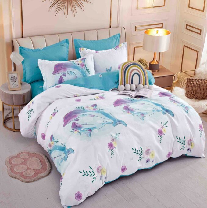 Lenjerie pat 1 PERSOANA, FINET, 4 piese, Jojo Home, Bleu, delfini 1 Lenjerie pat 1 PERSOANA, FINET, 4 piese, Jojo Home, Bleu, delfini