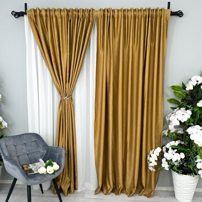 Set 2 bucati Draperie Soft Touch, Bej Gold, 200cm latime x 232cm inaltime, cu rejansa pentru bara