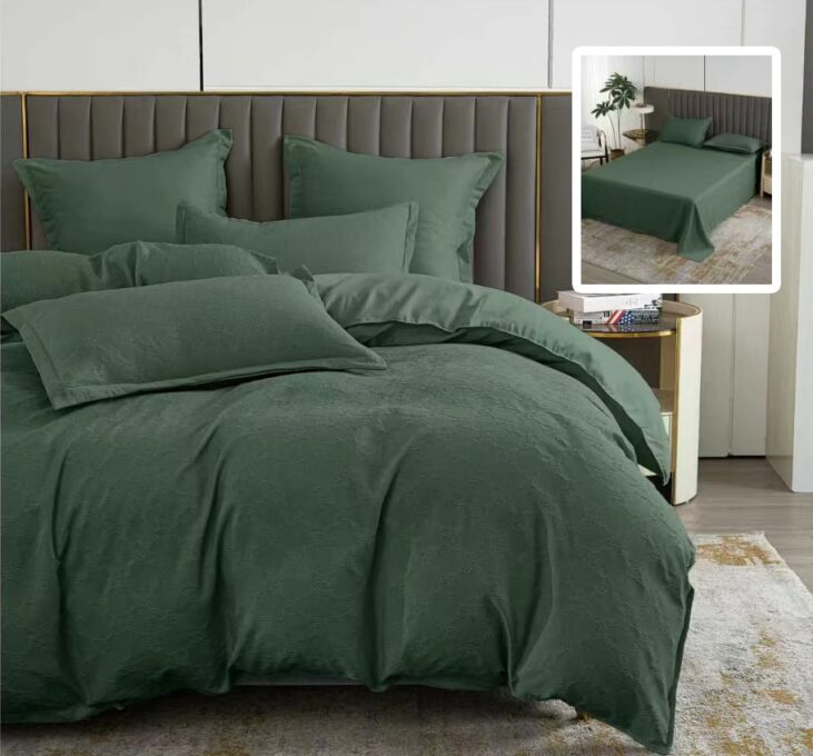 Lenjerie de pat 6 piese, Natur Uni Baroque, cearceaf pat clasic, cearceaf pilota 200x230, 2 fete perna 50x70, 2 fete perna 70x70, Verde