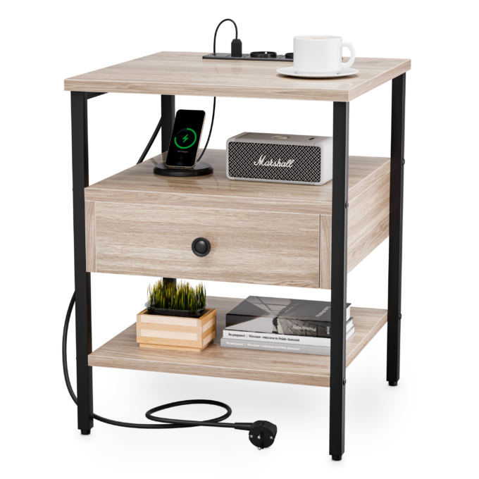 Noptiera cu Sertar, Doctor Home Earth Evo, 40 x 40 x 50 CM, 2 Prize si 2 X USB, Cadru Metal - Stejar Gri