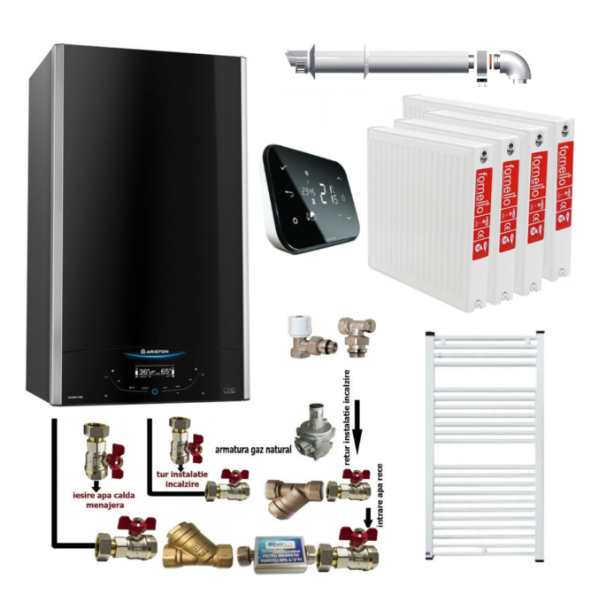 Pachet apartament cu 3 camere centrala murala in condensare Ariston Alteas One Net 24, 24 kw, Interfata cu ecran tactil, kit de evacuare inclus, termostat Salus IT 500, calorifere otel, kit armaturi centrala, robineti calorifere 1 Pachet apartament cu 3 camere centrala murala in condensare Ariston Alteas One Net 24, 24 kw, Interfata cu ecran tactil, kit de evacuare inclus, termostat Salus IT 500, calorifere otel, kit armaturi centrala, robineti calorifere