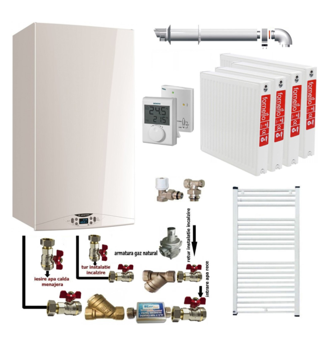 Pachet apartament cu 3 camere, centrala termica in condensatie Ariston HS Premium EU2 24, termostat, kit evacuare inclus, calorifere otel, kit armaturi centrala, robineti calorifer 1 Pachet apartament cu 3 camere, centrala termica in condensatie Ariston HS Premium EU2 24, termostat, kit evacuare inclus, calorifere otel, kit armaturi centrala, robineti calorifer