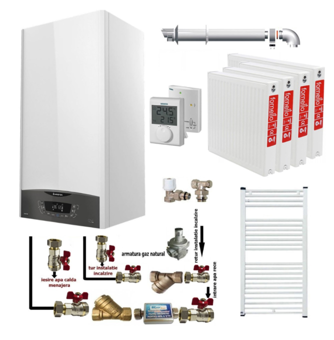 Pachet apartament cu 3 camere, centrala termica murala in condensare Ariston CLAS ONE+ WI-FI 24, Gaz, termostat, 24 kW, Doua schimbatoare de caldura, Display digital, schimbator primar inox, kit de evacuare inclus, calorifere otel, kit armaturi 1 Pachet apartament cu 3 camere, centrala termica murala in condensare Ariston CLAS ONE+ WI-FI 24, Gaz, termostat, 24 kW, Doua schimbatoare de caldura, Display digital, schimbator primar inox, kit de evacuare inclus, calorifere otel, kit armaturi
