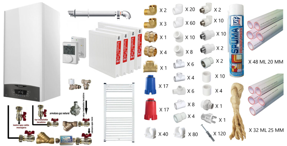 Pachet apartament cu 3 camere, centrala termica murala in condensare Ariston CLAS ONE+ WI-FI 24, Gaz, termostat, 24 kW, Doua schimbatoare de caldura, Display digital, schimbator primar inox, kit de evacuare inclus, calorifere otel, teava PPR si fitin 1 Pachet apartament cu 3 camere, centrala termica murala in condensare Ariston CLAS ONE+ WI-FI 24, Gaz, termostat, 24 kW, Doua schimbatoare de caldura, Display digital, schimbator primar inox, kit de evacuare inclus, calorifere otel, teava PPR si fitin