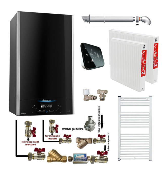 Pachet apartament cu o camera, centrala murala in condensare Ariston Alteas One Net 24, 24 kw, termostat Salus IT 500, Interfata cu ecran tactil, kit de evacuare inclus, calorifere otel, kit armaturi centrala, robineti calorifere 1 Pachet apartament cu o camera, centrala murala in condensare Ariston Alteas One Net 24, 24 kw, termostat Salus IT 500, Interfata cu ecran tactil, kit de evacuare inclus, calorifere otel, kit armaturi centrala, robineti calorifere