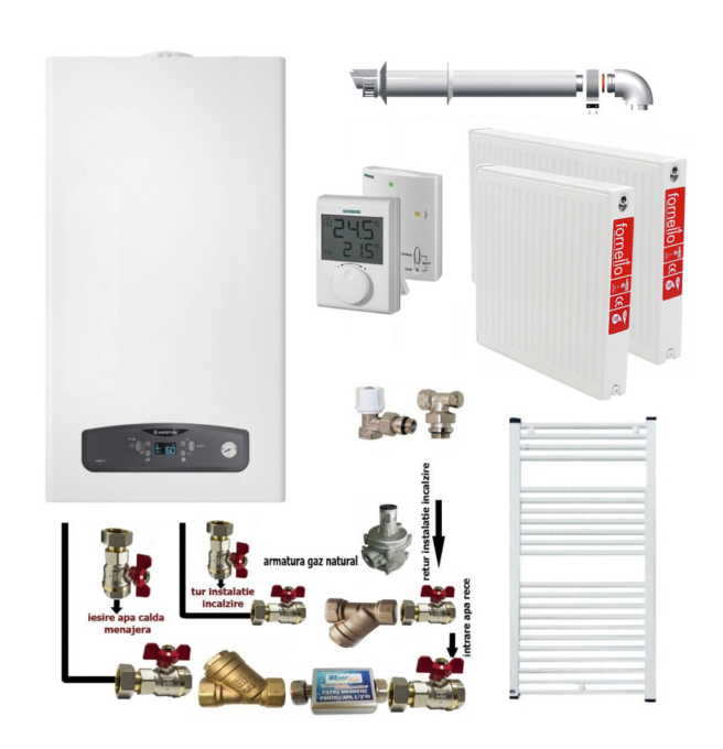 Pachet apartament cu o camera, centrala termica in condensatie Ariston Cares S 24 kW, kit evacuare inclus, termostat, calorifere otel, kit armaturi centrala, robineti calorifer 1 Pachet apartament cu o camera, centrala termica in condensatie Ariston Cares S 24 kW, kit evacuare inclus, termostat, calorifere otel, kit armaturi centrala, robineti calorifer