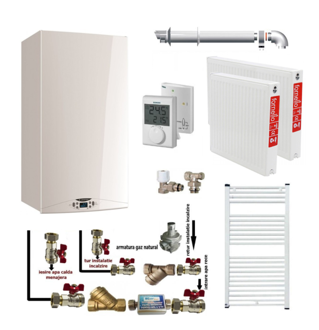 Pachet apartament cu o camera, centrala termica in condensatie Ariston HS Premium EU2 24, kit evacuare inclus, termostat, calorifere otel, kit armaturi centrala, robineti calorifer 1 Pachet apartament cu o camera, centrala termica in condensatie Ariston HS Premium EU2 24, kit evacuare inclus, termostat, calorifere otel, kit armaturi centrala, robineti calorifer