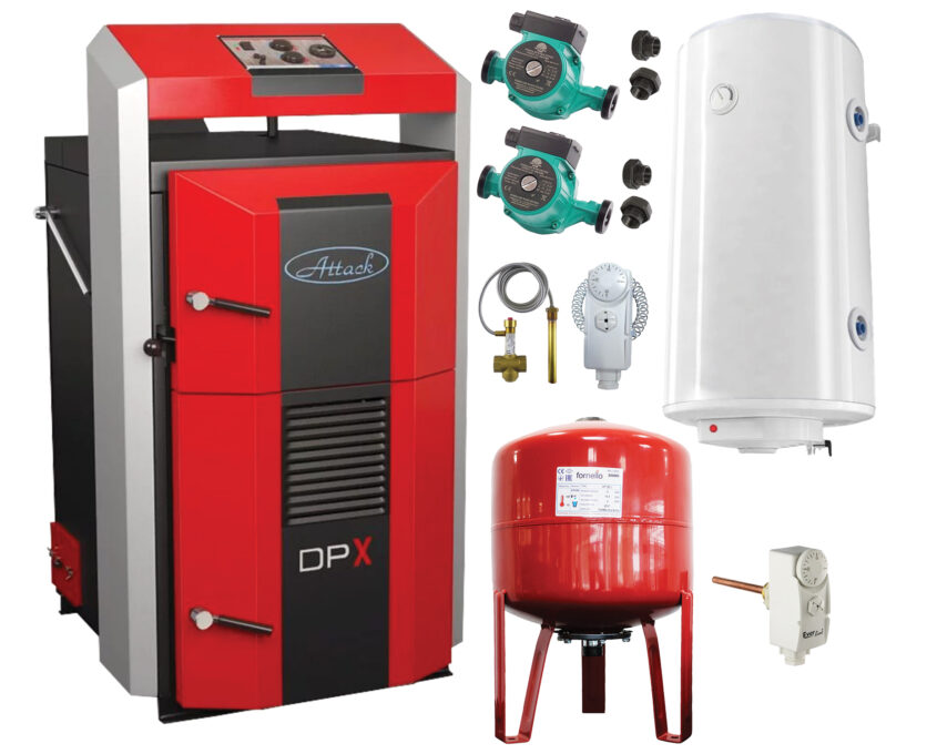 Pachet basic Cazan (centrala) pe combustibil solid, Attack DPX Standard cu gazeificare, 45 kW, boiler, vas expansiune, 2 pompe circulare, vana sts, termostat imersie si termostat contact 1 Pachet basic Cazan (centrala) pe combustibil solid, Attack DPX Standard cu gazeificare, 45 kW, boiler, vas expansiune, 2 pompe circulare, vana sts, termostat imersie si termostat contact