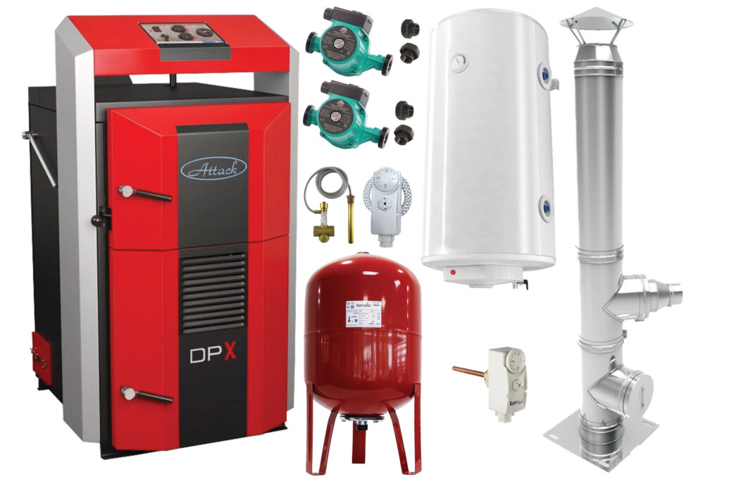 Pachet basic Cazan (centrala) pe combustibil solid, Attack DPX Standard cu gazeificare, 45 kW, cos inox, boiler, vas expansiune, 2 pompe circulare, vana sts, termostat imersie si termostat contact 1 Pachet basic Cazan (centrala) pe combustibil solid, Attack DPX Standard cu gazeificare, 45 kW, cos inox, boiler, vas expansiune, 2 pompe circulare, vana sts, termostat imersie si termostat contact