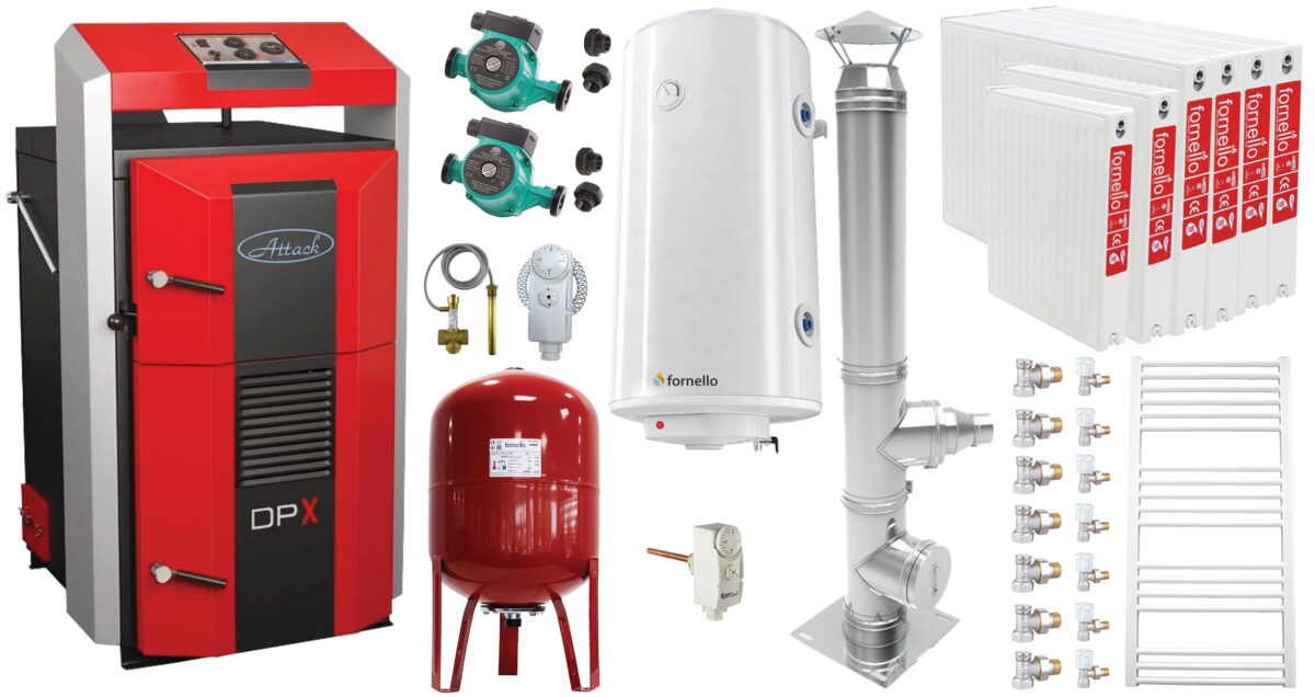 Pachet basic Cazan (centrala) pe combustibil solid, Attack DPX Standard cu gazeificare, 45 kW, calorifere otel, cos inox, boiler, vas expansiune, 2 pompe circulare, vana sts, termostat imersie si termostat contact 1 Pachet basic Cazan (centrala) pe combustibil solid, Attack DPX Standard cu gazeificare, 45 kW, calorifere otel, cos inox, boiler, vas expansiune, 2 pompe circulare, vana sts, termostat imersie si termostat contact
