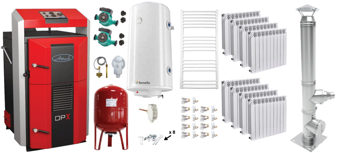Pachet basic Cazan (centrala) pe combustibil solid, Attack DPX Standard cu gazeificare, 45 kW, calorifere aluminiu Fornello Alvo, cos inox, boiler, vas expansiune, 2 pompe circulare, vana sts, termostat imersie si termostat contact 1 Pachet basic Cazan (centrala) pe combustibil solid, Attack DPX Standard cu gazeificare, 45 kW, calorifere aluminiu Fornello Alvo, cos inox, boiler, vas expansiune, 2 pompe circulare, vana sts, termostat imersie si termostat contact
