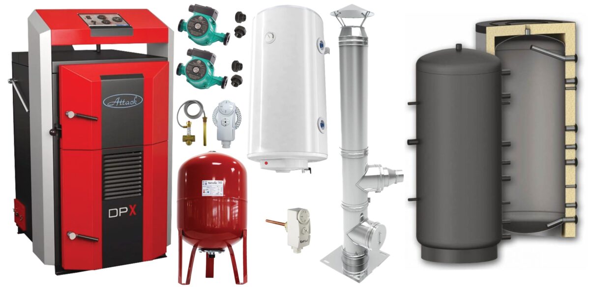 Pachet basic Cazan (centrala) pe combustibil solid, Attack DPX Standard cu gazeificare, 45 kW, Puffer 1000 litri, cos inox, boiler, vas expansiune, 2 pompe circulare, vana sts, termostat imersie si termostat contact 1 Pachet basic Cazan (centrala) pe combustibil solid, Attack DPX Standard cu gazeificare, 45 kW, Puffer 1000 litri, cos inox, boiler, vas expansiune, 2 pompe circulare, vana sts, termostat imersie si termostat contact