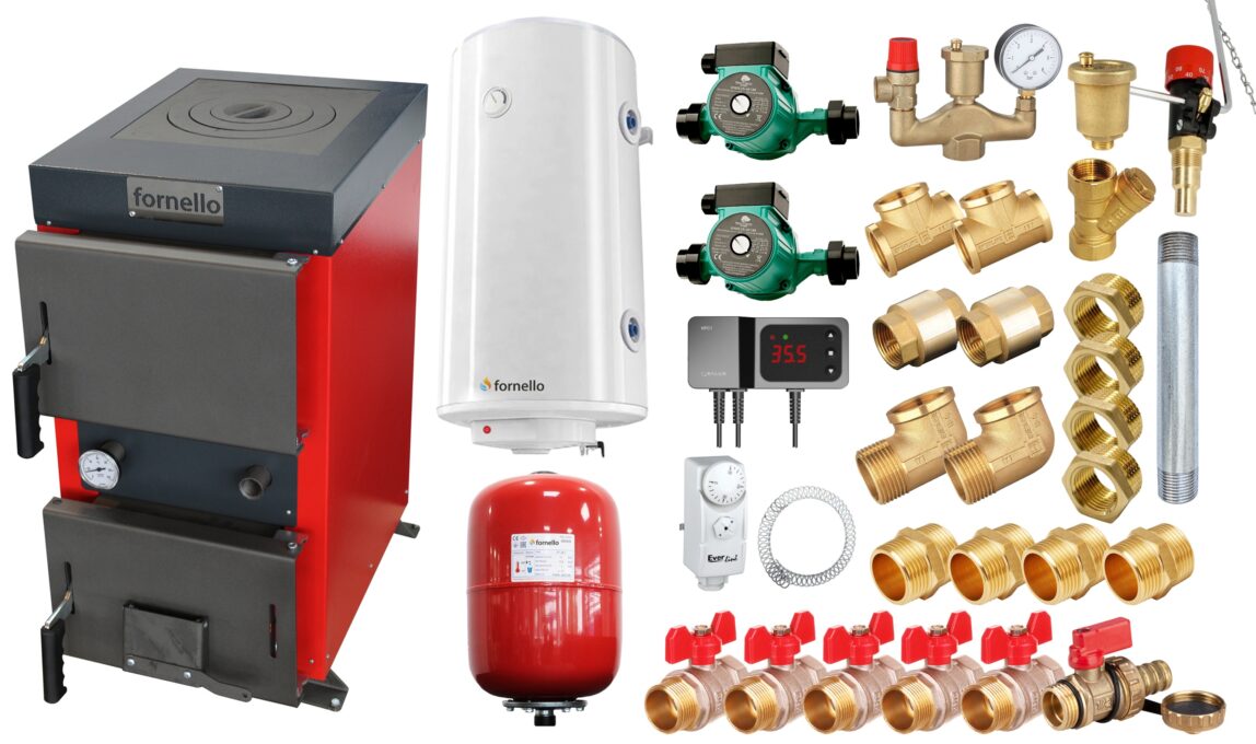 Pachet Cazan (centrala) cu plita pe combustibil solid (lemn, carbune, brichete), Fornello Rustic KP 12 kW, Pompe, Boiler, Vas expansiune, Fitinguri montaj 1 Pachet Cazan (centrala) cu plita pe combustibil solid (lemn, carbune, brichete), Fornello Rustic KP 12 kW, Pompe, Boiler, Vas expansiune, Fitinguri montaj