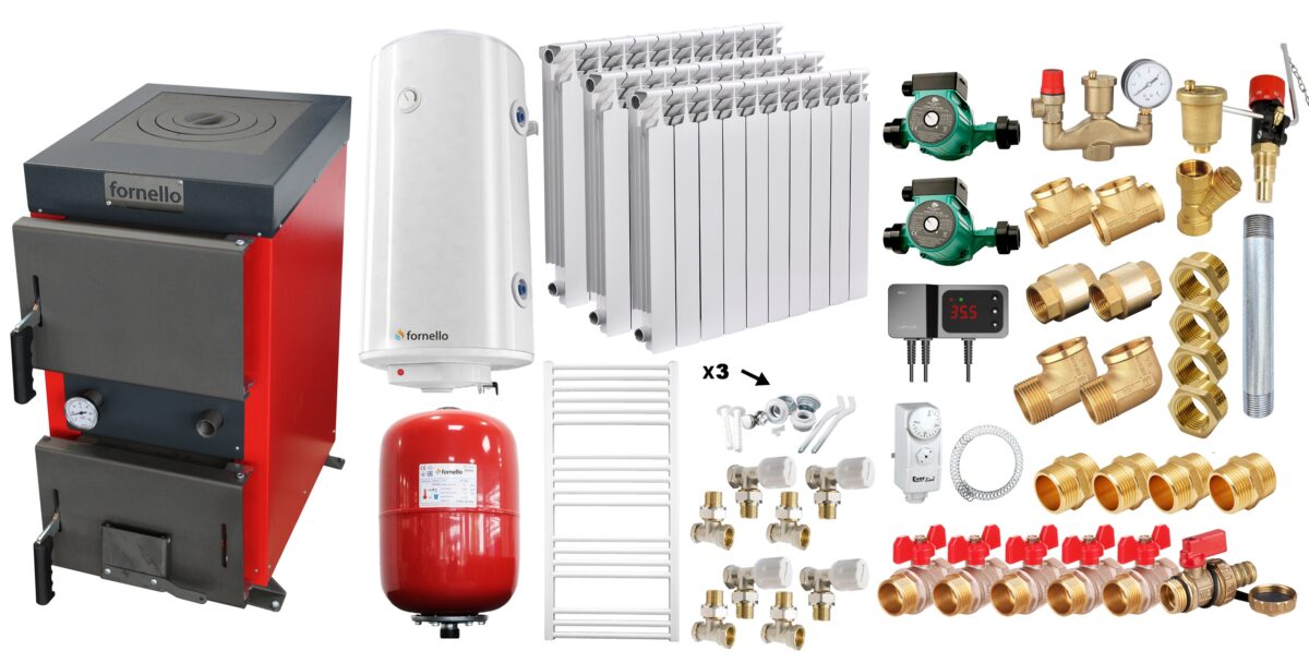 Pachet Cazan (centrala) cu plita pe combustibil solid (lemn, carbune, brichete), Fornello Rustic KP 12 kW, Calorifere aluminiu, Pompe, Boiler, Vas expansiune, Fitinguri montaj 1 Pachet Cazan (centrala) cu plita pe combustibil solid (lemn, carbune, brichete), Fornello Rustic KP 12 kW, Calorifere aluminiu, Pompe, Boiler, Vas expansiune, Fitinguri montaj