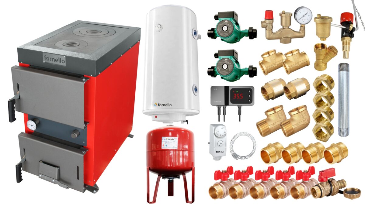 Pachet Cazan (centrala) cu plita pe combustibil solid (lemn, carbune, brichete), Fornello Rustic KP 20 kW, Pompe, Boiler, Vas expansiune, Fitinguri montaj 1 Pachet Cazan (centrala) cu plita pe combustibil solid (lemn, carbune, brichete), Fornello Rustic KP 20 kW, Pompe, Boiler, Vas expansiune, Fitinguri montaj