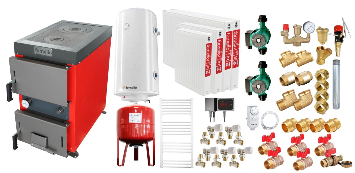 Pachet Cazan (centrala) cu plita pe combustibil solid (lemn, carbune, brichete), Fornello Rustic KP 20 kW, Calorifere otel, Pompe, Boiler, Vas expansiune, Fitinguri montaj 1 Pachet Cazan (centrala) cu plita pe combustibil solid (lemn, carbune, brichete), Fornello Rustic KP 20 kW, Calorifere otel, Pompe, Boiler, Vas expansiune, Fitinguri montaj